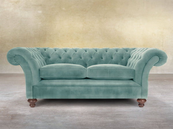 Flora 2 Seat Chesterfield Sofa In Summer Mist Vintage Velvet