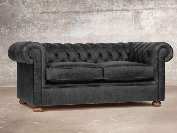 Hector 2 Seat Chesterfield Sofa In Black Vintage Leather