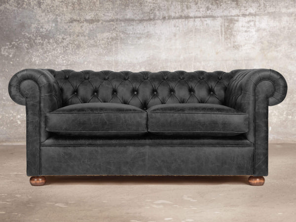 Hector 2 Seat Chesterfield Sofa In Black Vintage Leather