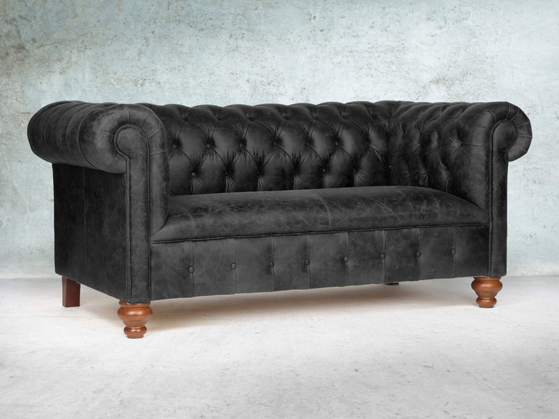 Peggy 2 Seat Chesterfield Sofa In Black Vintage Leather