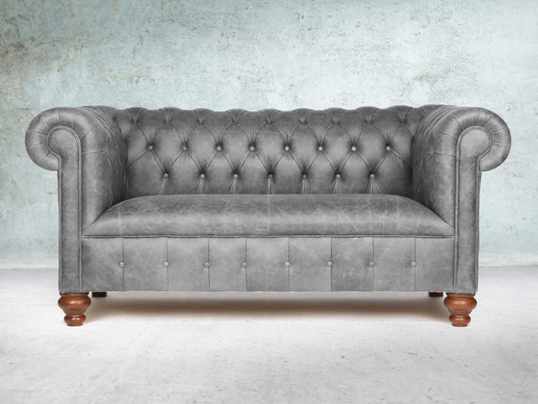 Peggy 2 Seat Chesterfield Sofa In Grey Vintage Leather