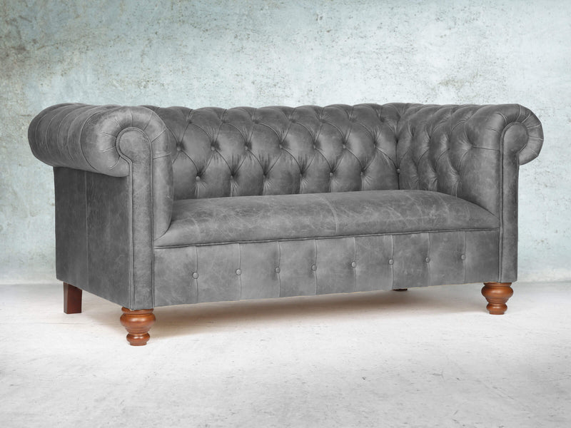 Peggy 2 Seat Chesterfield Sofa In Grey Vintage Leather