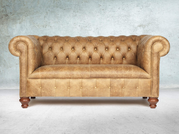 Peggy 2 Seat Chesterfield Sofa In Tan Vintage Leather