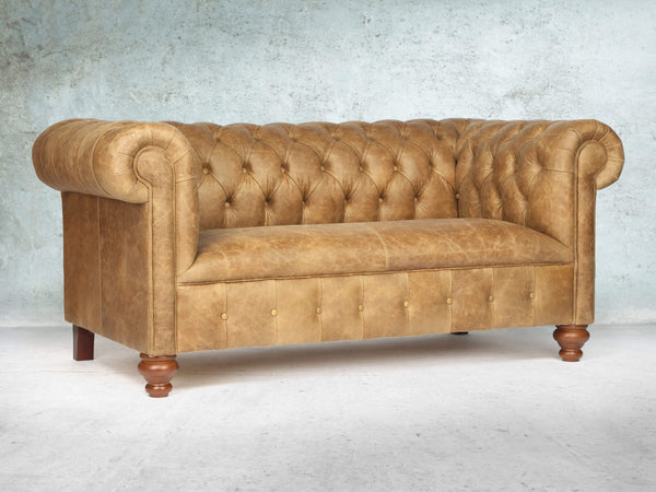 Peggy 2 Seat Chesterfield Sofa In Tan Vintage Leather