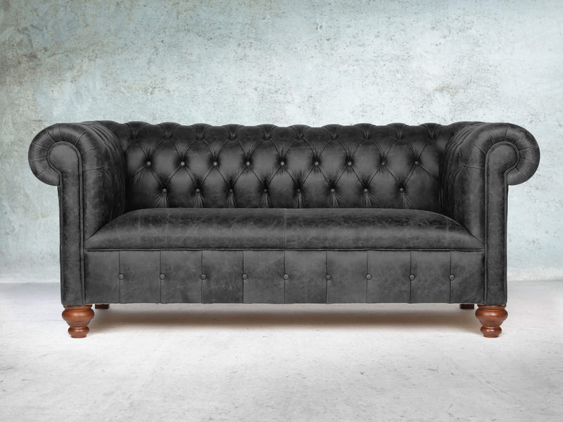 Peggy 3 Seat Chesterfield Sofa In Black Vintage Leather