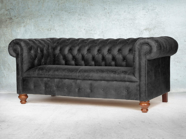 Peggy 3 Seat Chesterfield Sofa In Black Vintage Leather