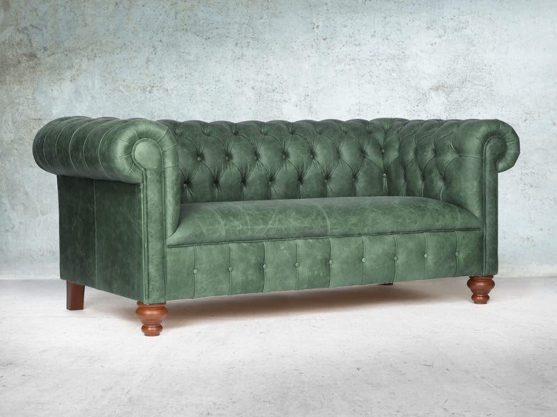 Peggy 3 Seat Chesterfield Sofa In Green Vintage Leather