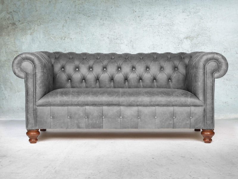 Peggy 3 Seat Chesterfield Sofa In Grey Vintage Leather