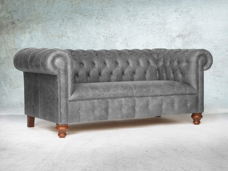 Peggy 3 Seat Chesterfield Sofa In Grey Vintage Leather