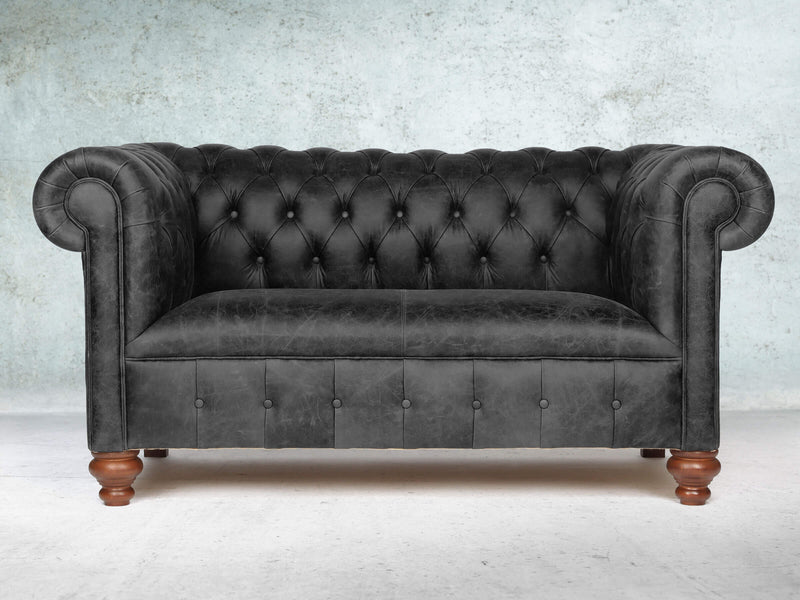 Peggy Snug 2 Seat Chesterfield Sofa In Black Vintage Leather