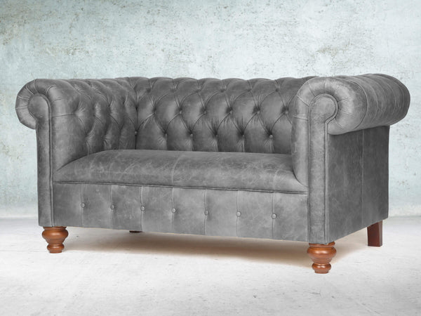 Peggy Snug 2 Seat Chesterfield Sofa In Grey Vintage Leather