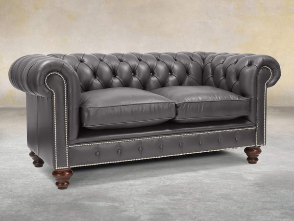 Polly 2 Seat Chesterfield Sofa In Iron Lux Leather