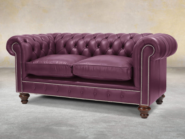 Polly 2 Seat Chesterfield Sofa In Plum Lux Leather