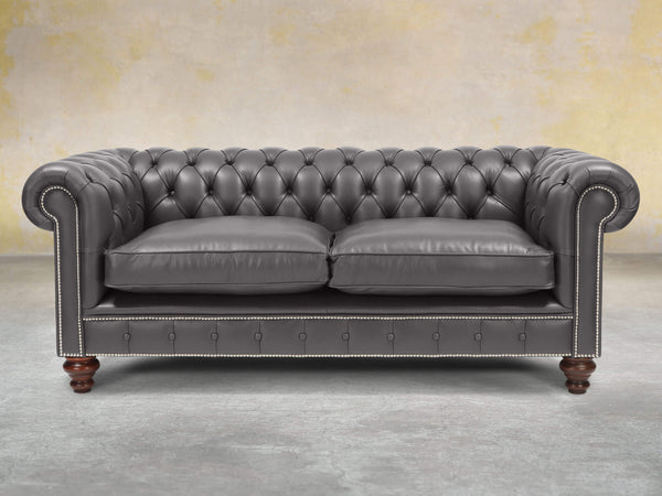 Polly 3 Seat Chesterfield Sofa In Iron Lux Leather