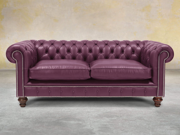 Polly 3 Seat Chesterfield Sofa In Plum Lux Leather