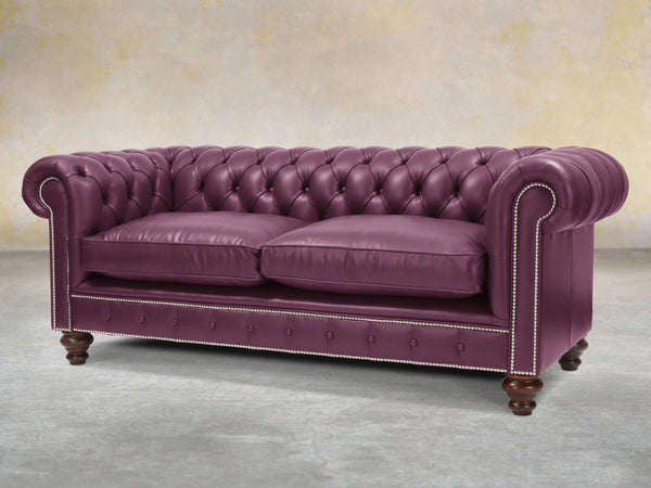 Polly 3 Seat Chesterfield Sofa In Plum Lux Leather