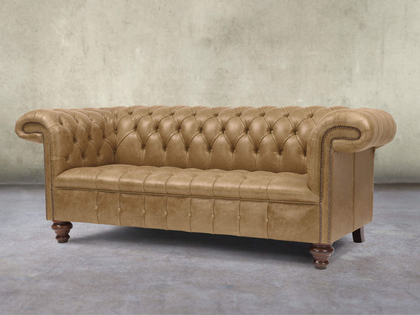 Wilbur 3 Seat Chesterfield Sofa In Oatmeal Classic Leather