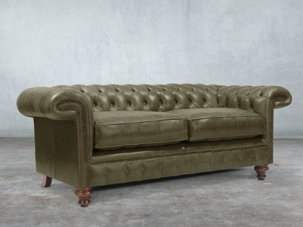 Winston 3 Seat Chesterfield Sofa In Seaweed Classic Leather