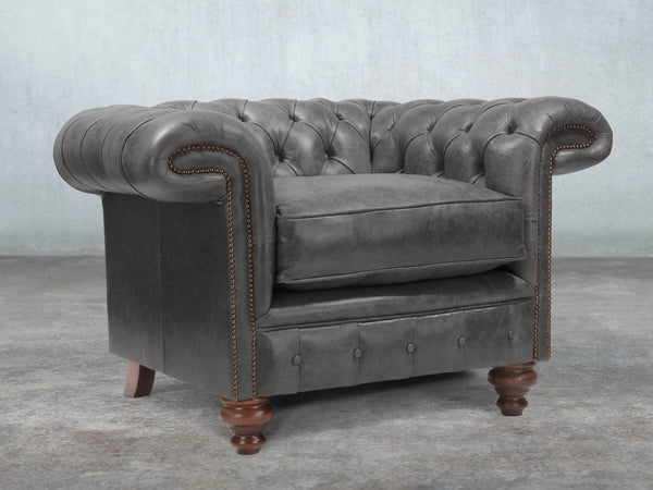 Winston Chesterfield Chair In Lead Classic Leather